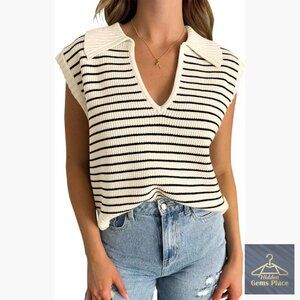 Striped V-Neck Sweater Vest Sleeveless Top Women's S-2XL Lightweight Knit